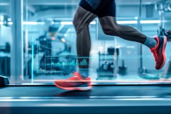 Runner on a treadmill with biomechanical analysis overlays showing stride length, foot strike, and energy expenditure in a lab environment.