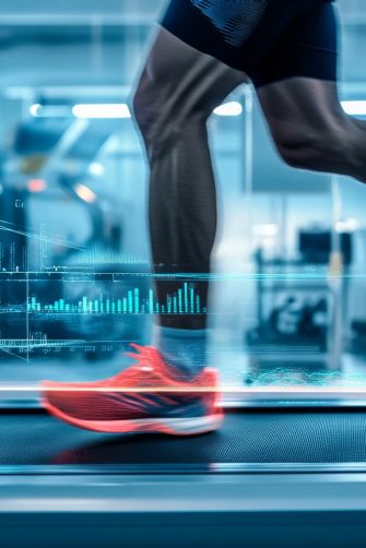 Runner on a treadmill with biomechanical analysis overlays showing stride length, foot strike, and energy expenditure in a lab environment.