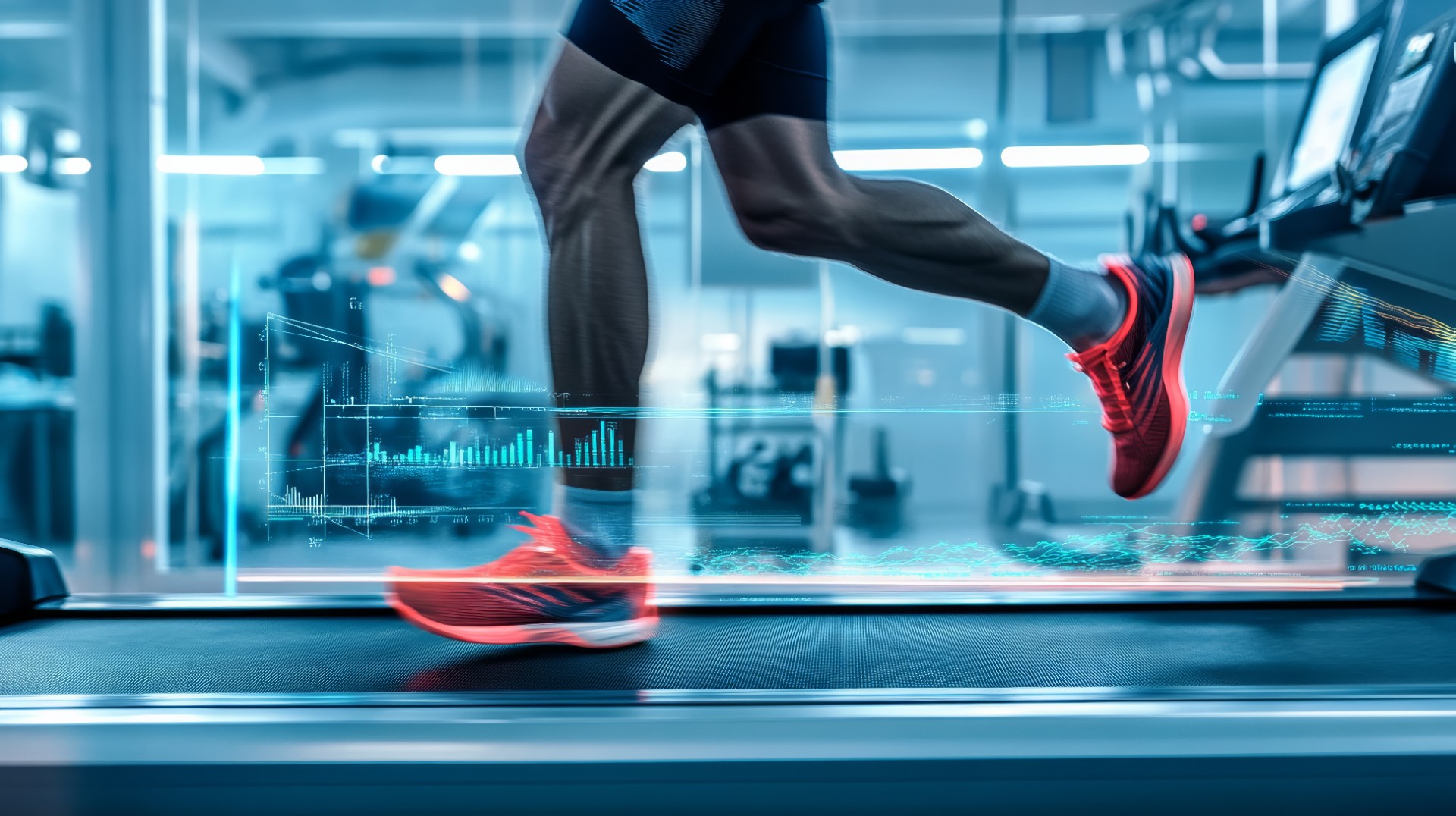 Runner on a treadmill with biomechanical analysis overlays showing stride length, foot strike, and energy expenditure in a lab environment.