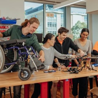 A group of students performing experiments
