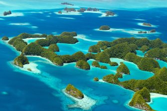 Beautiful view of 70 islands in Palau from above. Wide panorama perfect for banners.