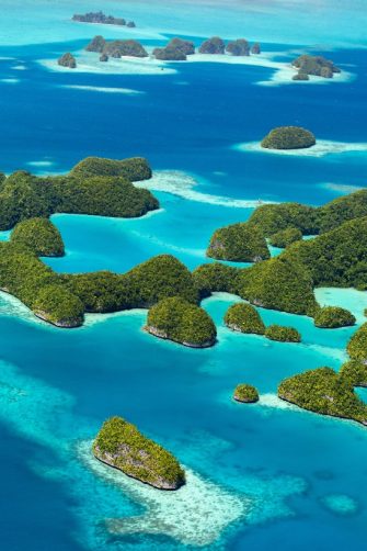 Beautiful view of 70 islands in Palau from above. Wide panorama perfect for banners.