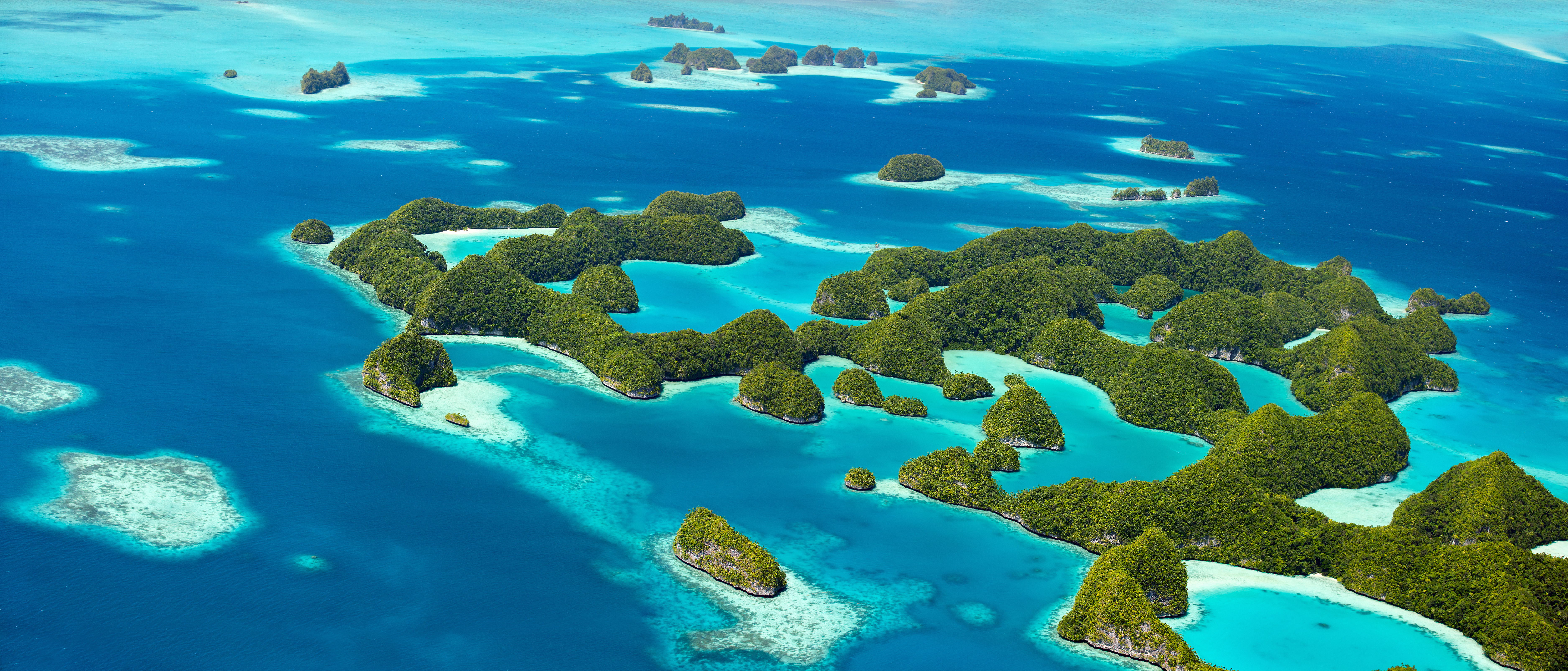 Beautiful view of 70 islands in Palau from above. Wide panorama perfect for banners.