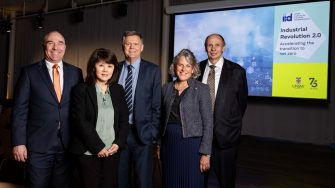 UNSW Dean of Engineering Julien Epps (left) at the launch of the Institute of Industrial Decarbonisation, with discussion panel members Scientia Professor Rose Amal, IID CEO David Eyre, Romilly Madew AO, and Grant King.
