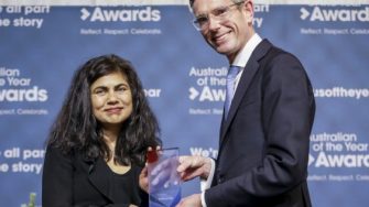 Veena Sahajwalla receiving her NSW Australian of the year 2022 award from premier Dominic Perottet