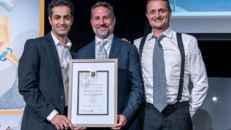 Dr Ali Kashani, UNSW Engineering,  Sherard Northey, immediate past president of CIA, and Nick Holden, Director, Contour3D with Concrete Institute of Australia in Technology & Innovation National Award 2023