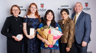 Dr Gunilla Burrowes (Ada Lovelace Medal winner), Sarah Muller and Hayley Jiang (joint Inspiring Student Award winners), Dr Marlene Kanga AO (keynote speaker), and Professor Julien Epps (Dean of Engineering, UNSW) at the UNSW Women in Engineering Alumni Awards.