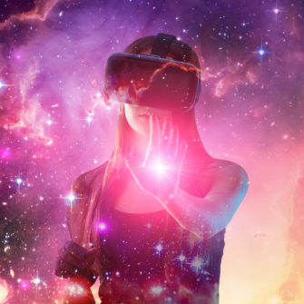 Neon gamers,virtual reality, girl in vr helmet in space galaxy, woman playing video game in glasses,Element of the image provided by NASA