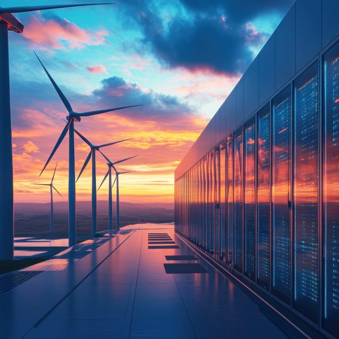 Futuristic sustainable data centre with wind turbines at sunset