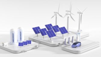 Hydrogen gas and electric charger station with future car and renewable energy sources, wind turbines, solar panels, battery and tank containers. Isometric 3d render illustration fuel cell vehicle