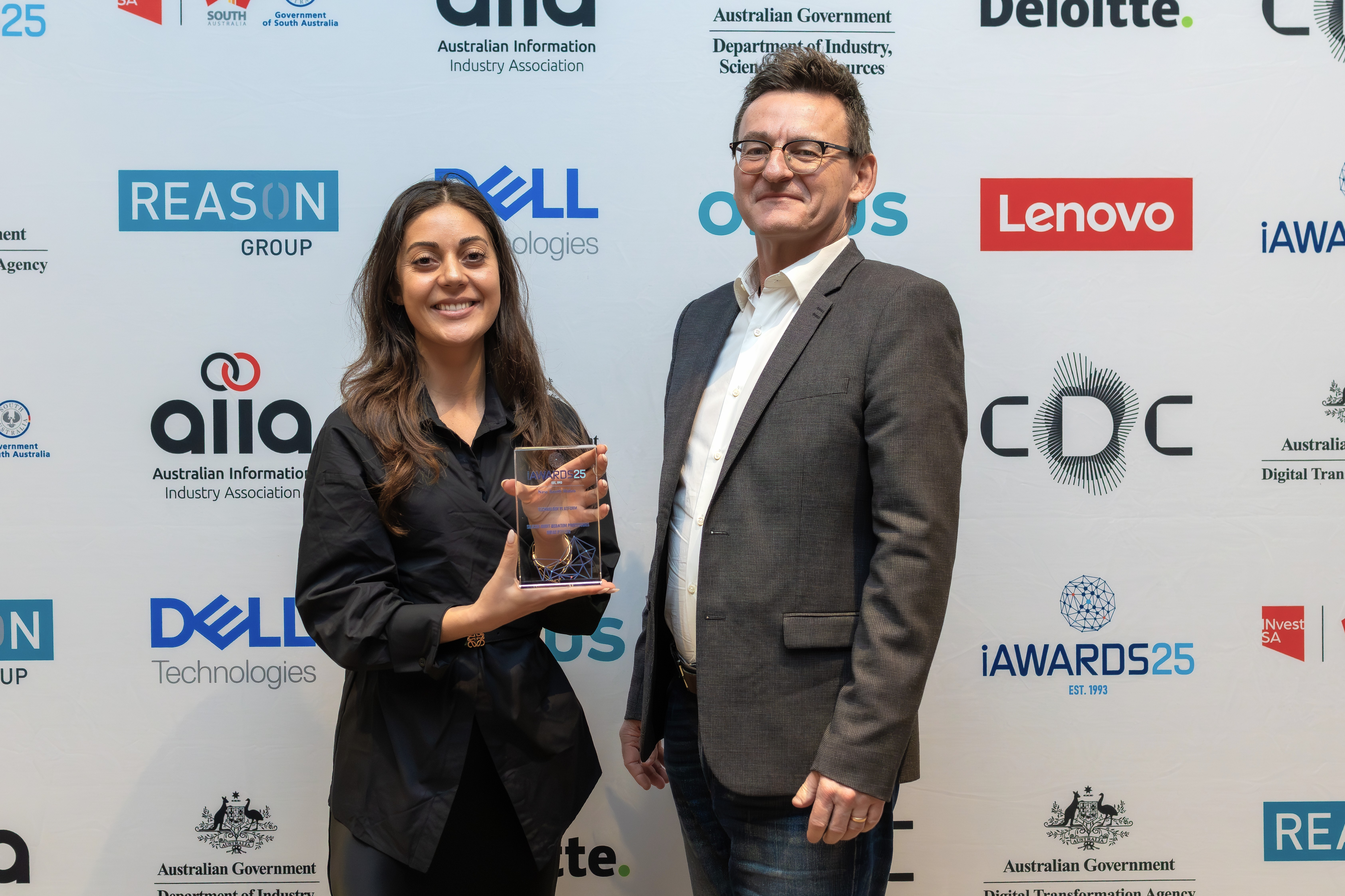 Diraq Chief Operating Officer Stefanie Tardo and Diraq founder Andrew Dzurak at the NSW iAwards.