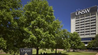 UNSW Kensington campus buildings and trees, illustrating the Environmental Sustainability Plan 2022-24.