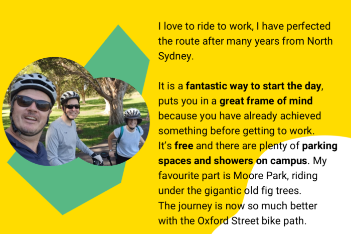 Cycling testimonial by Lee Wright about commuting to UNSW.