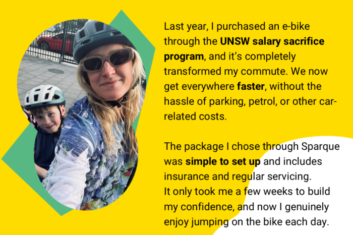 Testimonial from Steph Whitelaw about the UNSW salary sacrifice e-bike program.