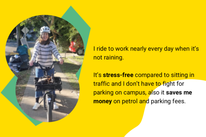 Testimonial from UNSW cycling advocate Taya Srithamma about the benefits of riding to work.