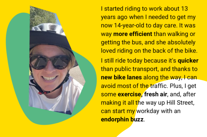 Testimonial from Cathy Brown about the efficiency and health benefits of cycling to UNSW.