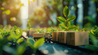 Toy truck transporting plant boxes in a garden, illustrating sustainable supply chains.