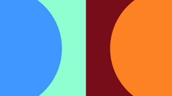 Two semi circles, one blue and one orange, are at opposite ends of the image. The blue is surrounded by green and the orange by dark red.