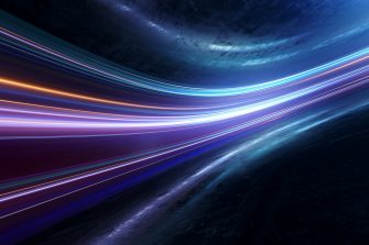 Light and stripes moving fast over dark background and are reflected in the road surface. Technology and science illustration.