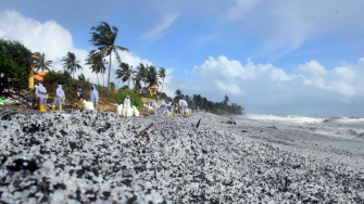 Plastic nurdles blanket the shoreline near Colombo after spilling from the X-Press Pearl container ship that caught fire and sank off Sri Lanka in May 2021. This image was captured before cleanup crews cleared tonnes of these pellets from affected beaches. 