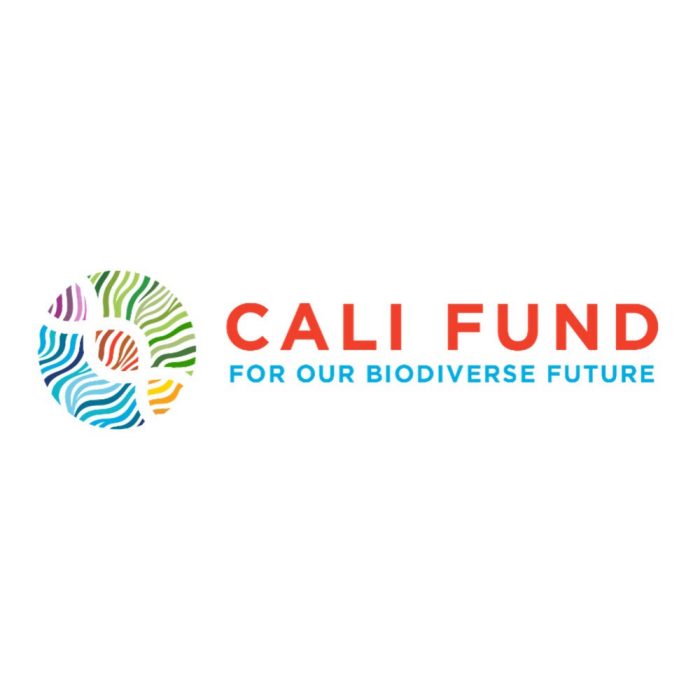 Cali Fund logo, featuring a multicoloured circular fingerprint-style symbol beside the words ‘CALI FUND’ in red capital letters, with the tagline ‘FOR OUR BIODIVERSE FUTURE’ in blue below.