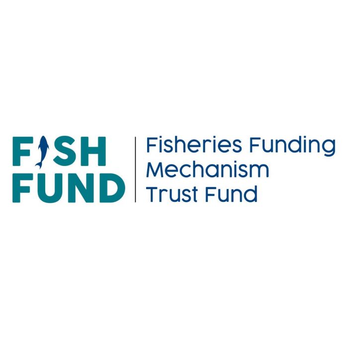 Fish Fund logo for the World Trade Organisation's Fisheries Funding Mechanism Trust Fund, featuring teal ‘FISH FUND’ lettering with a blue fish silhouette forming the ‘I’ in ‘FISH’, separated by a vertical line from the fund’s full name in blue.