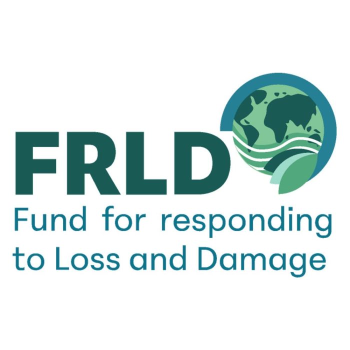 FRLD logo for the Fund for Responding to Loss and Damage, featuring dark green lettering alongside a stylised globe with green continents, flowing white lines and a leaf motif, with the fund’s full name in teal below.