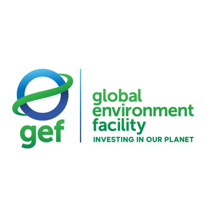 Global Environment Facility (GEF) logo, featuring a blue circular symbol wrapped by a green swoosh above the lowercase letters ‘gef’, separated by a vertical blue line from the words ‘global environment facility’ in green, with the tagline ‘INVESTING IN OUR PLANET’ below.