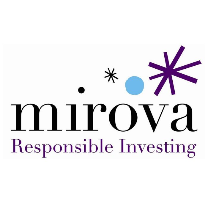 Mirova Responsible Investing logo, featuring the word ‘mirova’ in black serif lettering with abstract black, blue and purple starburst and circular shapes above, and the tagline ‘Responsible Investing’ in purple below.