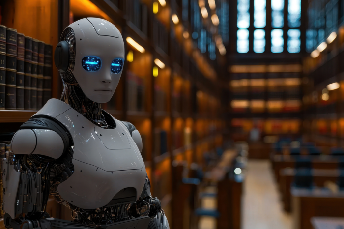 An advanced AI robot judge in a law library, symbolizing the future of legal technology and justice.�