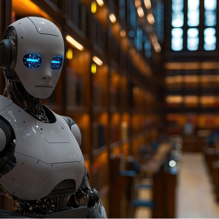 An advanced AI robot judge in a law library, symbolizing the future of legal technology and justice.�