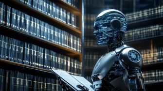 Digital illustration of a mannish robot-like character looking at books in a futuristic library 