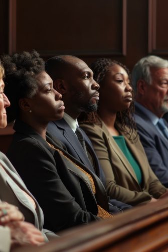 Diverse jurors engaged in court proceedings, embodying the gravity of justice.