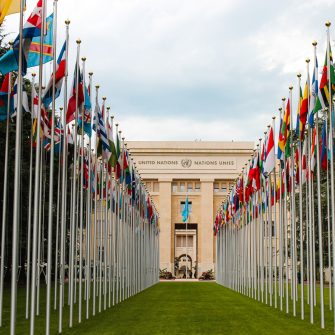 Flags from various countries lined up outside the United Nations