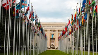 Flags from various countries lined up outside the United Nations