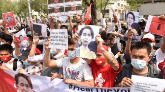 February 7, 2021: Myanmar protesters living in Thailand rally in front of the United Nations in Bangkok to combat the coup in Myanmar