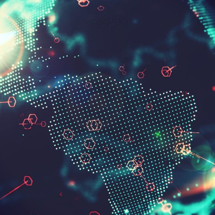 Digital map of South America with glowing nodes and network connections.