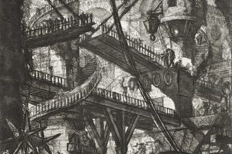 Black-and-white etching by Giovanni Battista Piranesi depicting a complex architectural interior with multiple bridges, staircases, arches and mechanical structures.