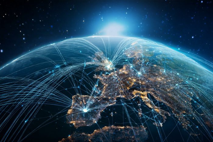 Capture Earth from space, adorned with intricate data overlays tracking global technology reach Utilize a photorealistic digital technique to emphasize the vast impact