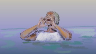Illustration of woman standing in water calling out