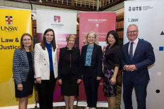NSW’s first female Attorney General Gabrielle Upton, NSW Minister for Finance Courtney Houssos, Governor of NSW Margaret Beazley, Professor Verity Firth AM, Professor Mimi Zou and NSW Attorney General Michael Daley at The Next 100 Years of Women in Law event