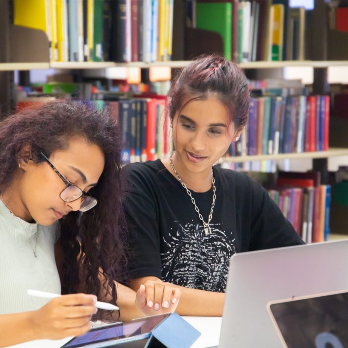  Two students sitting side by side with a laptop in front of them. They are studying and one student is talking to the other.
