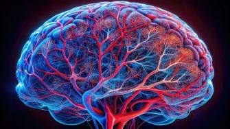 Vibrant, high-contrast X-ray image of cerebral arteries, showcasing intricate network of blood vessels in the human brain, highlighted in shades of red and blue.