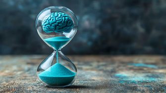 A brain rests in an hourglass, a metaphor for the balance of time and thought, an abstract concept of mental energy.