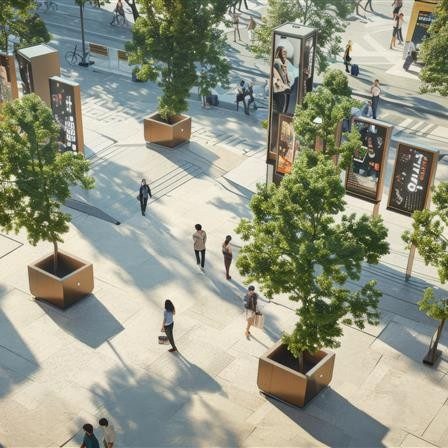 "Outdoor public space with large square planters containing trees, tall vertical digital screens displaying advertisements and images of people, and a few individuals walking or standing. A street with more people and buildings, including a food kiosk, is visible in the background. Sunlight casts shadows from the trees and planters onto the ground.