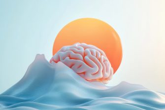 A surreal representation of a brain emerging from waves with a sun in the background.