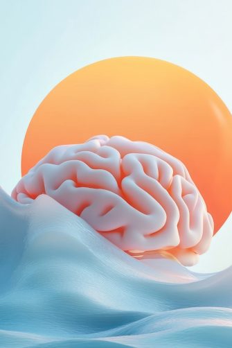A surreal representation of a brain emerging from waves with a sun in the background.