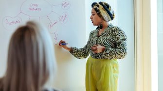 An Indian businesswoman confidently leads a presentation on a strategic core business plan in a contemporary office environment. A dynamic, professional atmosphere that highlights leadership skills.