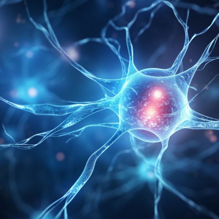 Neuron cells nervous system closeup, abstract blue glitter neuron cells in brain artistic background