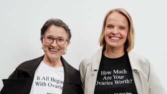 Dr Kristina Warton and Professor Caroline Ford wear the CAMILLA AND MARC Ovaries. Talk About Them collection.